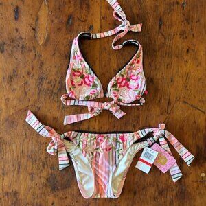 Betsey Johnson Embroidered Striped Bikini